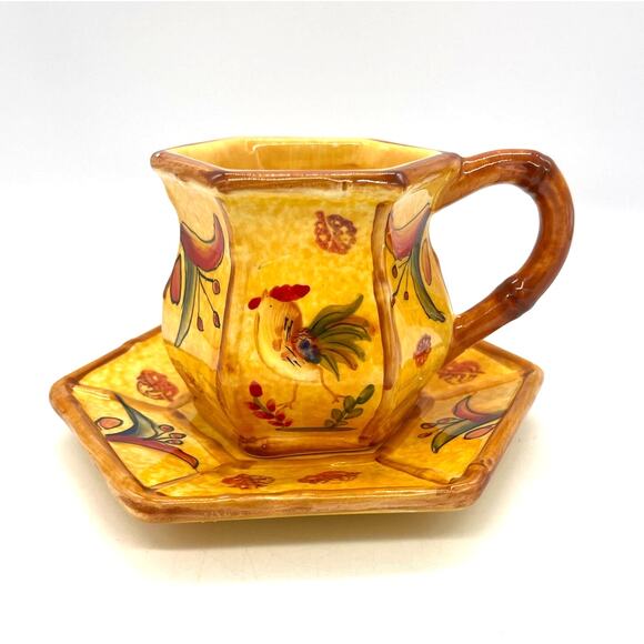 Bamboo Rooster by Ack 2 Coffee Mugs / Cups & 4 Saucers Yellowish Orange - Picture 3 of 8